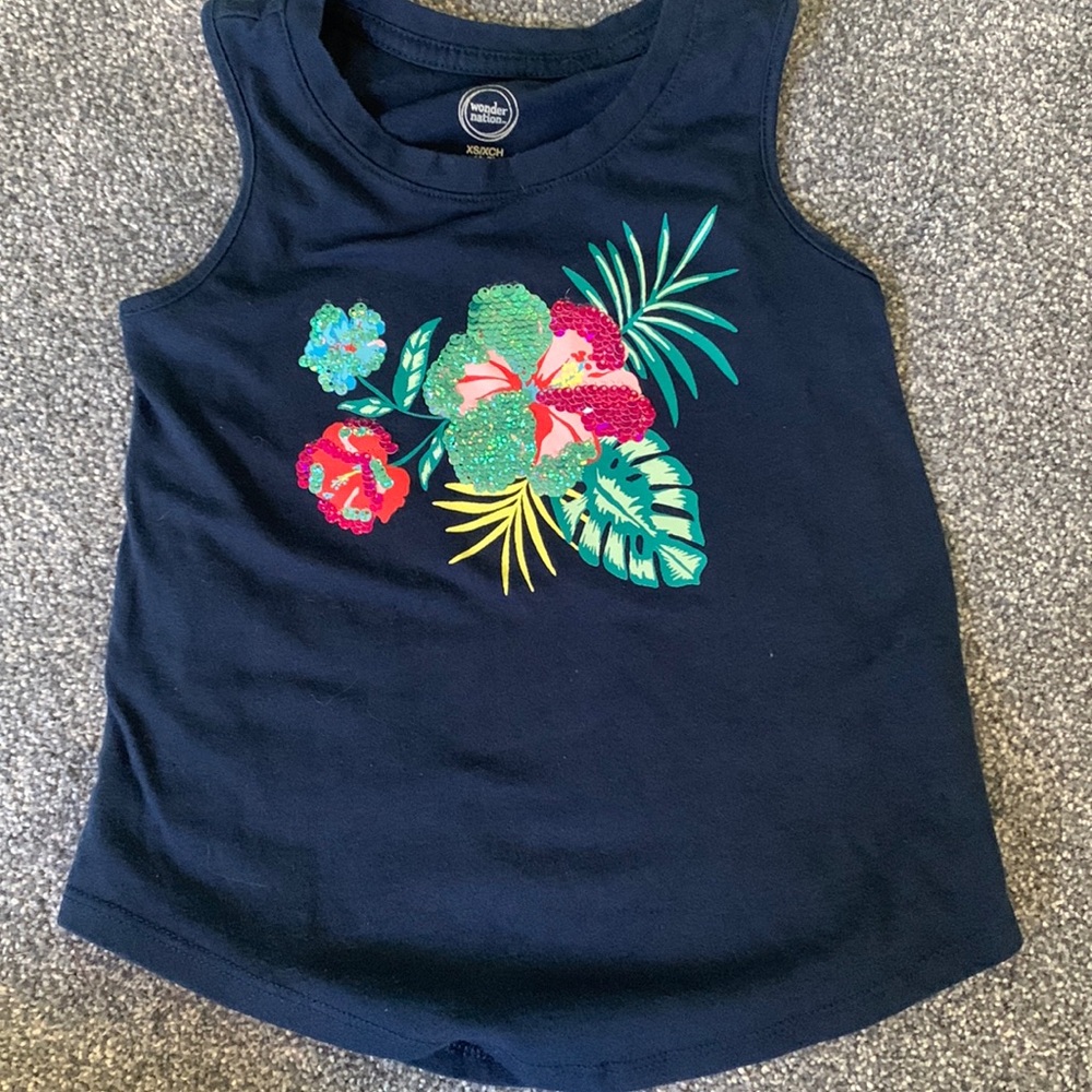 wonder nation. Girls blue tank top with floral sequined design. Size XS or 4-5.